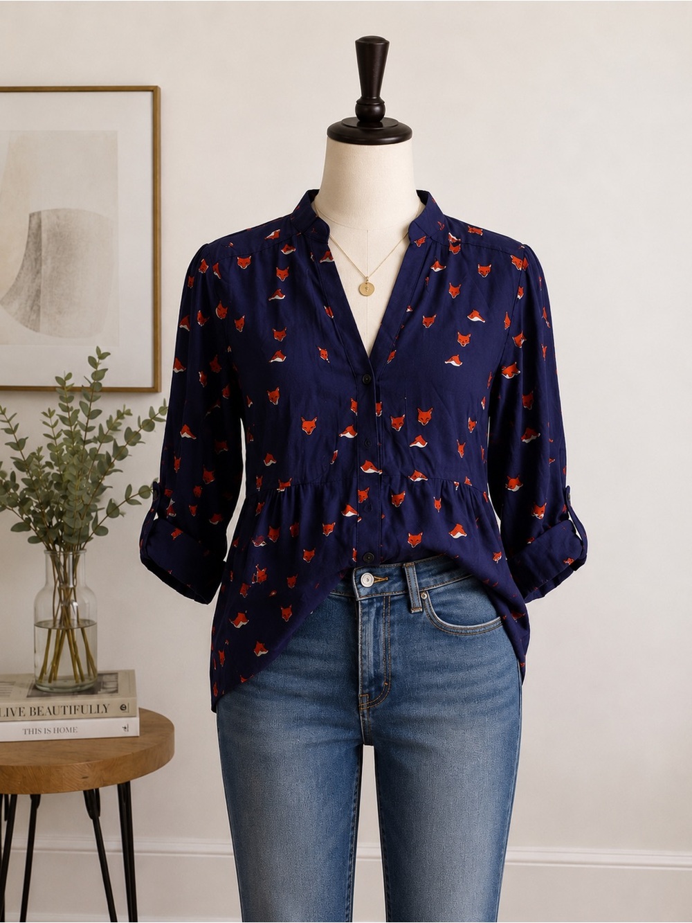 Maeve Navy Tunic with Red Fox Print Anthropology